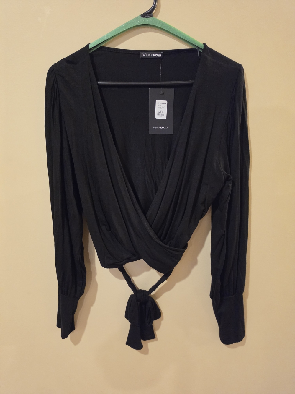Fashion Nova Black Wrap Tie-Front Long Sleeve Top